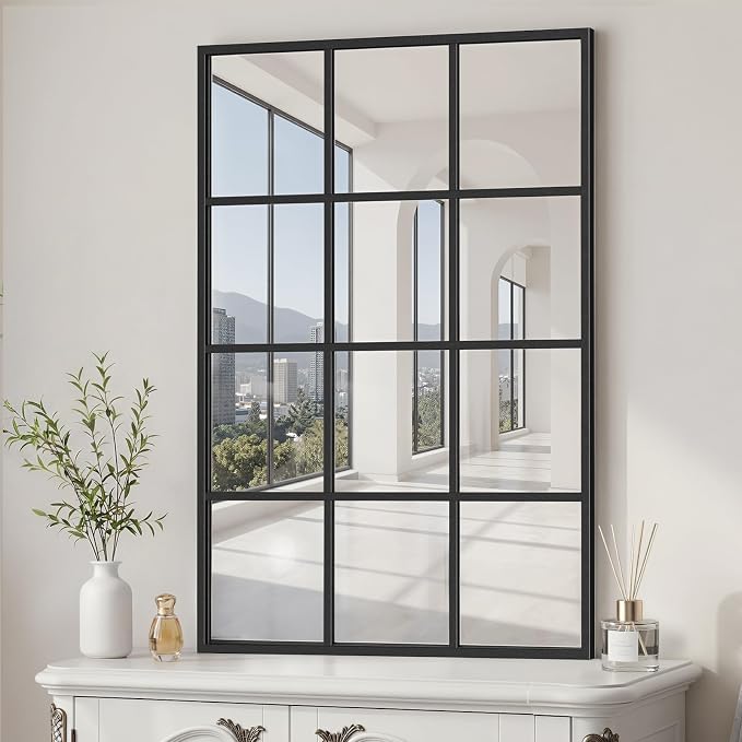 Windowpane Mirror, 38×26 Black Metal Framed Window Wall Mirror