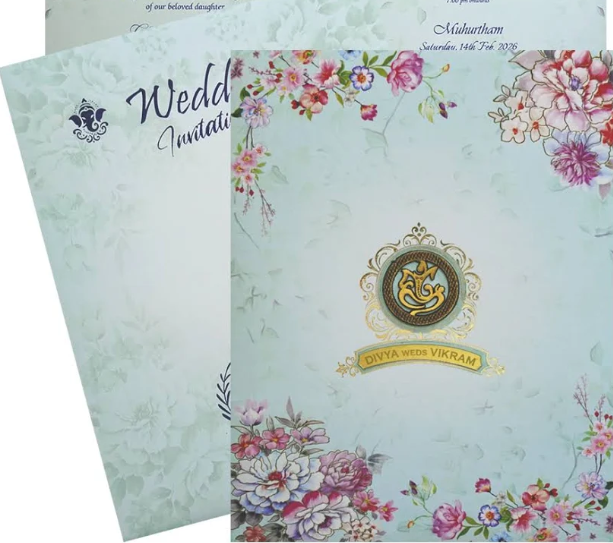 Blue Floral Offset Jumbo Size Wedding Invitation