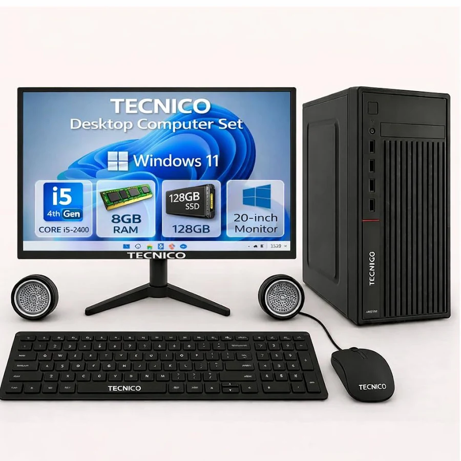 TECNICO Desktop Computer Set, Windows 11 Intel Core I5-2400, 8GB RAM, 128GB SSD, 20-Inch Monitor, Keyboard, Mouse