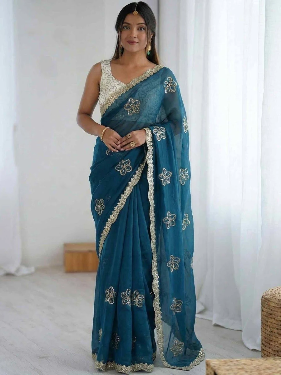 HERE&NOW Floral Embroidered Silk Blend Designer Saree