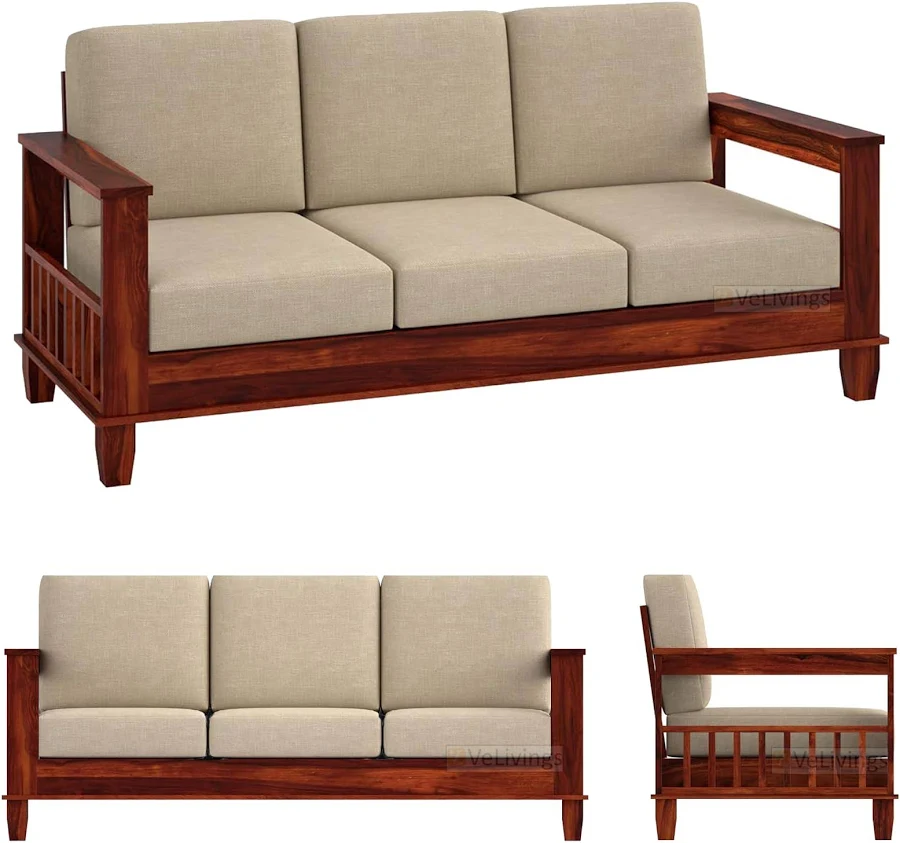 Solid Wood 3 Seater Sofa Set with Cushions, Modern Luxury Wooden Couch